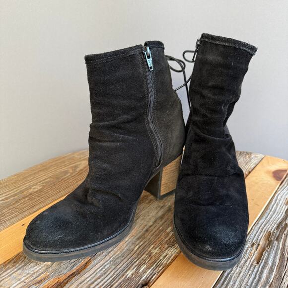 Bas. & Co. black leather ankle boots chunky heel - side zip back tie - size 40 - Picture 1 of 11